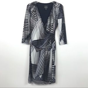 Adrianna Papell Faux Wrap White Blue Print Dress